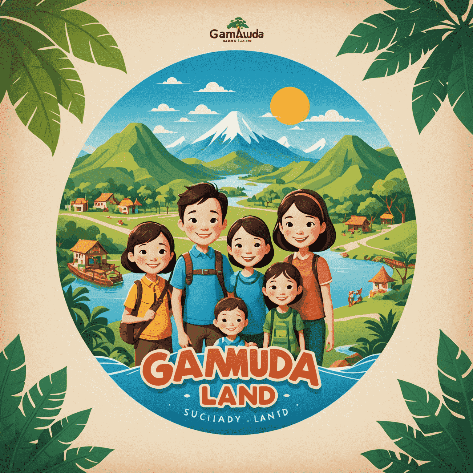 Gamuda Land logo featuring a whimsical illustration of a family-friendly tourist destination