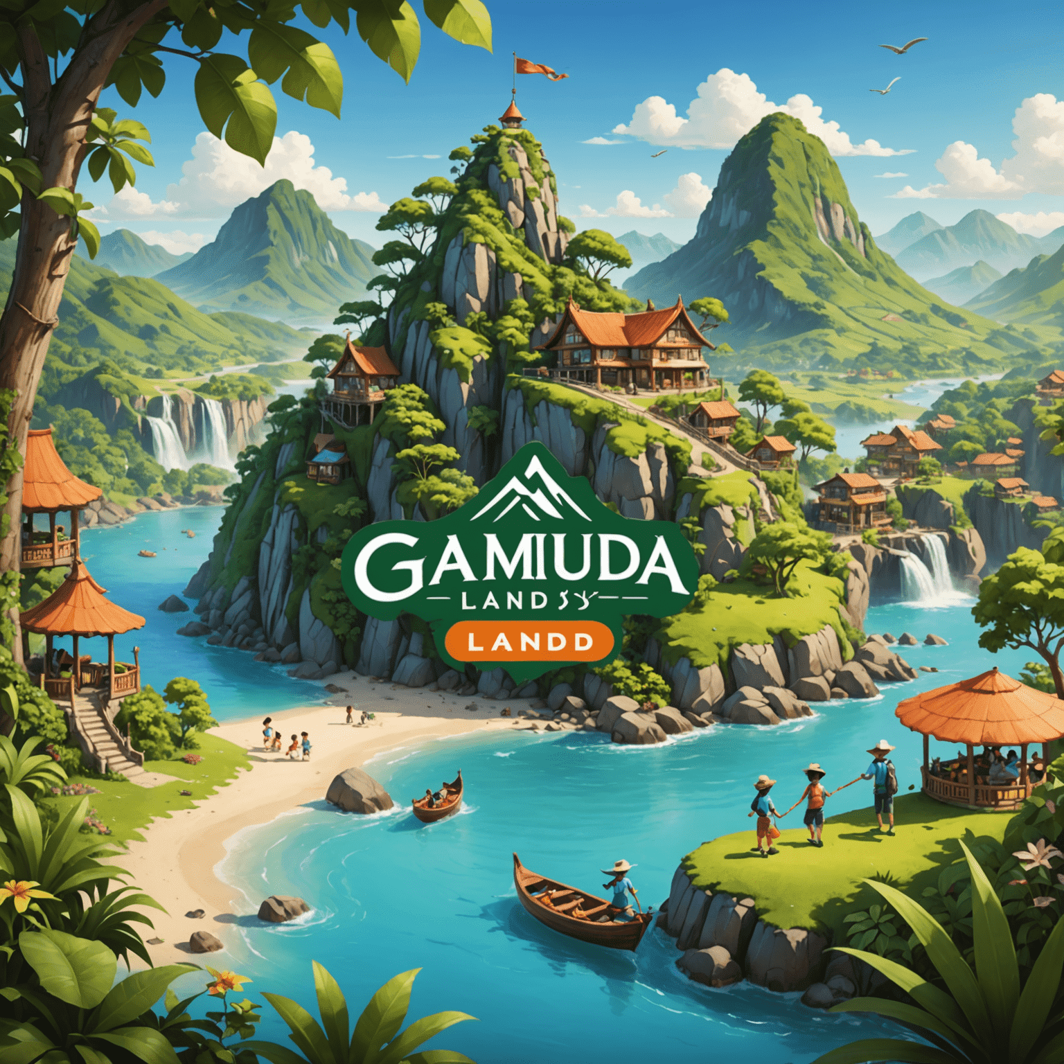 Gamuda Land logo featuring a whimsical illustration of a family-friendly tourist destination