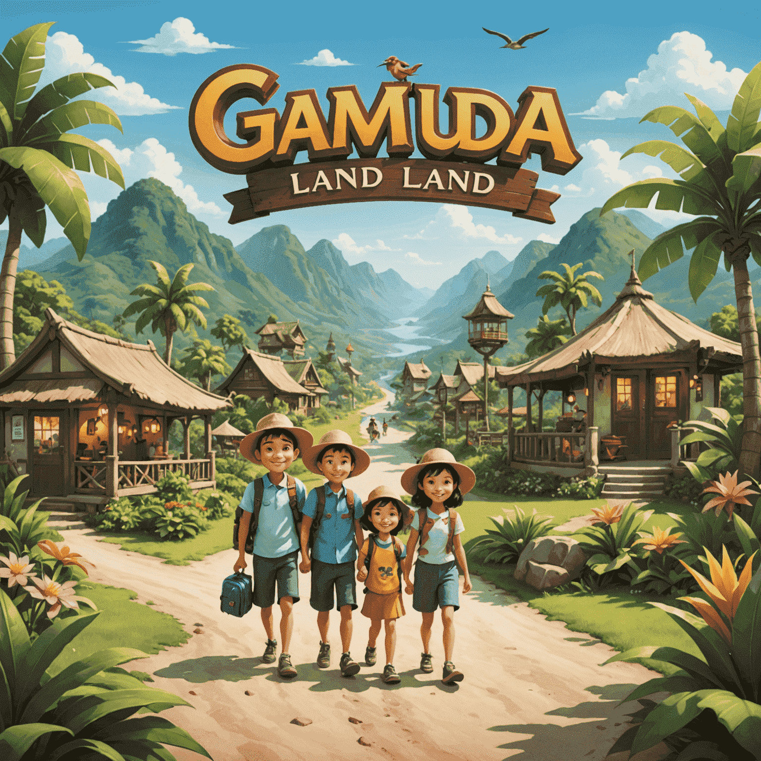 Gamuda Land logo featuring a whimsical illustration of a family-friendly tourist destination