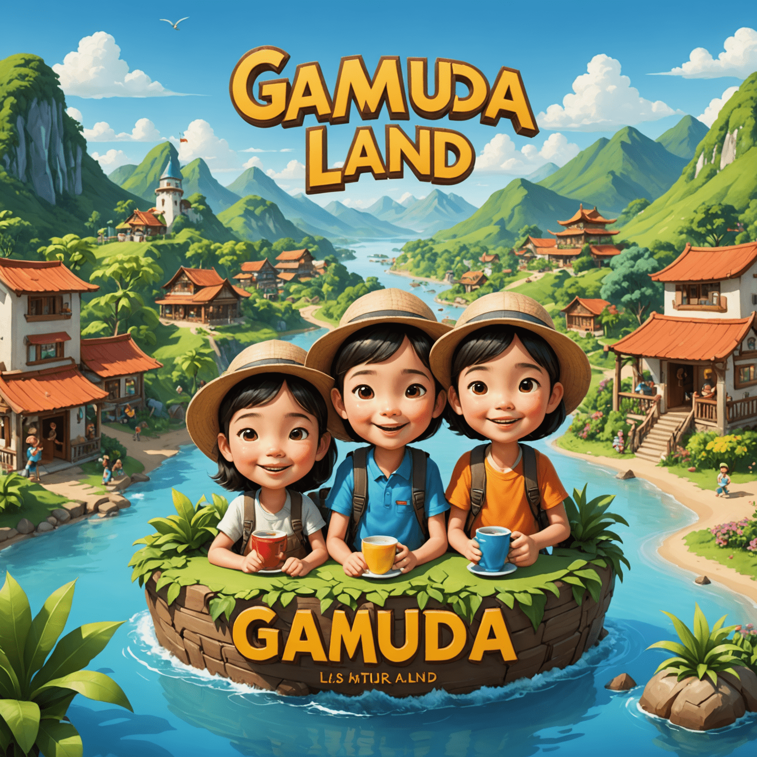 Gamuda Land logo featuring a whimsical illustration of a family-friendly tourist destination