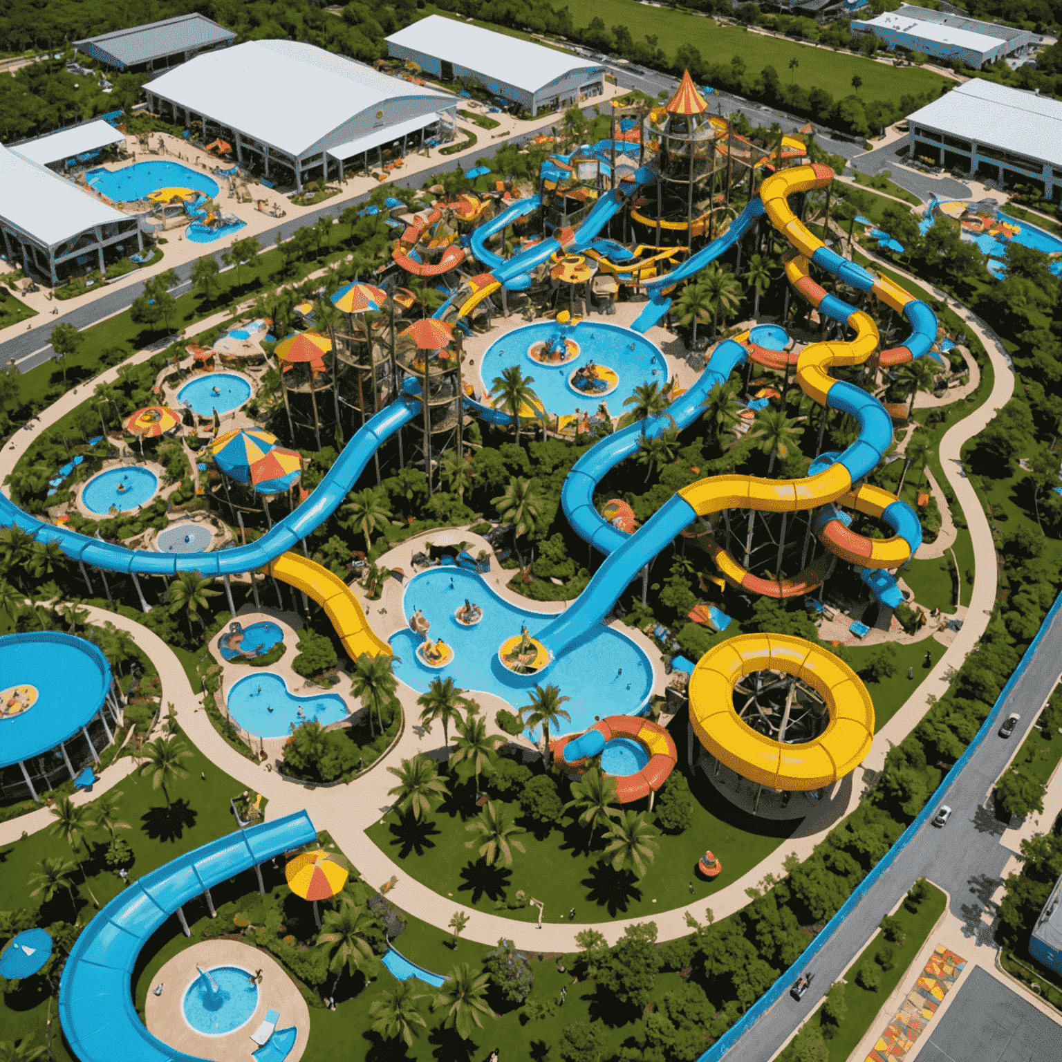 A vibrant and colorful aerial view of the new state-of-the-art entertainment center at Gamuda Land, featuring water slides, interactive play areas, and lush landscaping