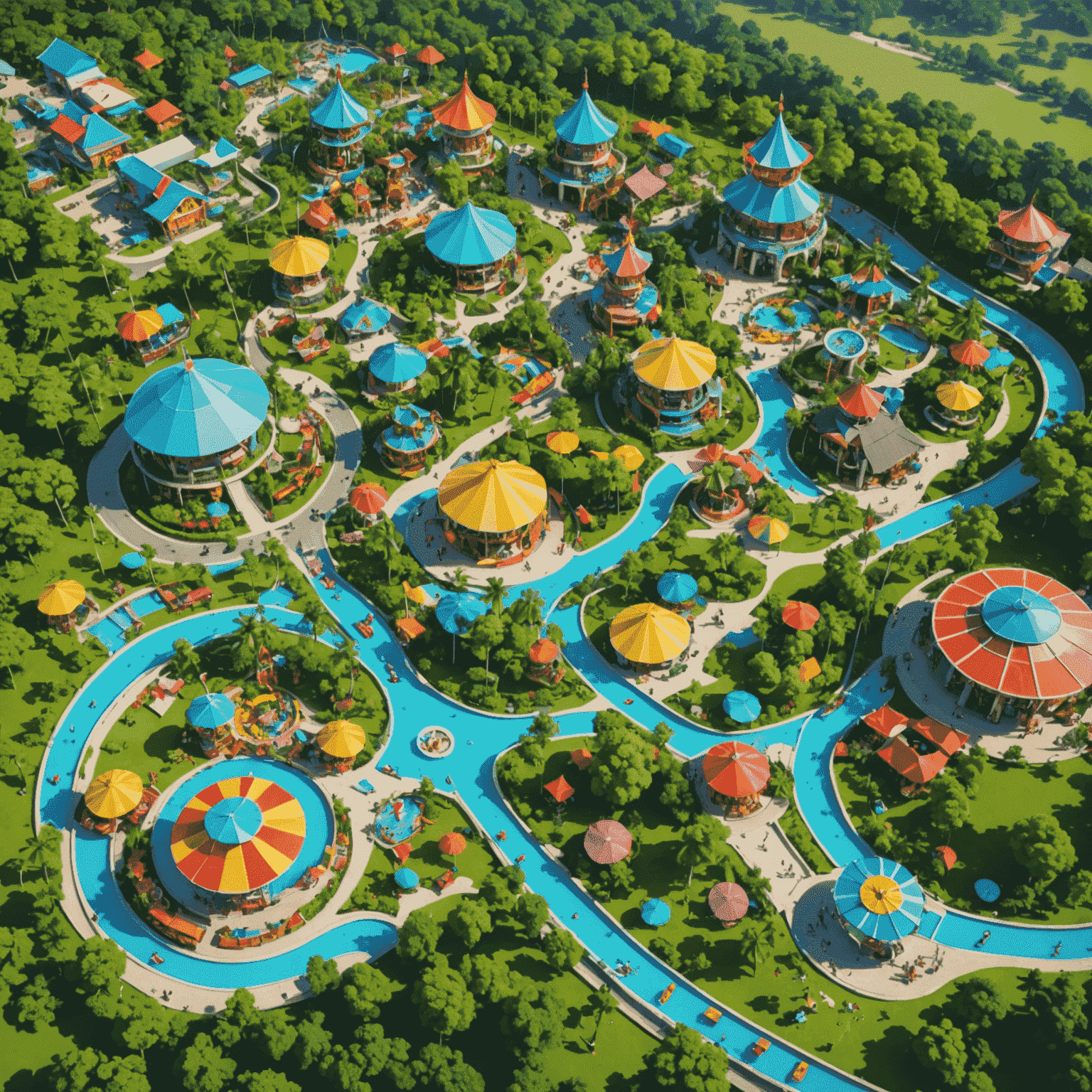 A vibrant aerial view of Gamuda Land showing colorful attractions, lush greenery, and happy families enjoying various activities