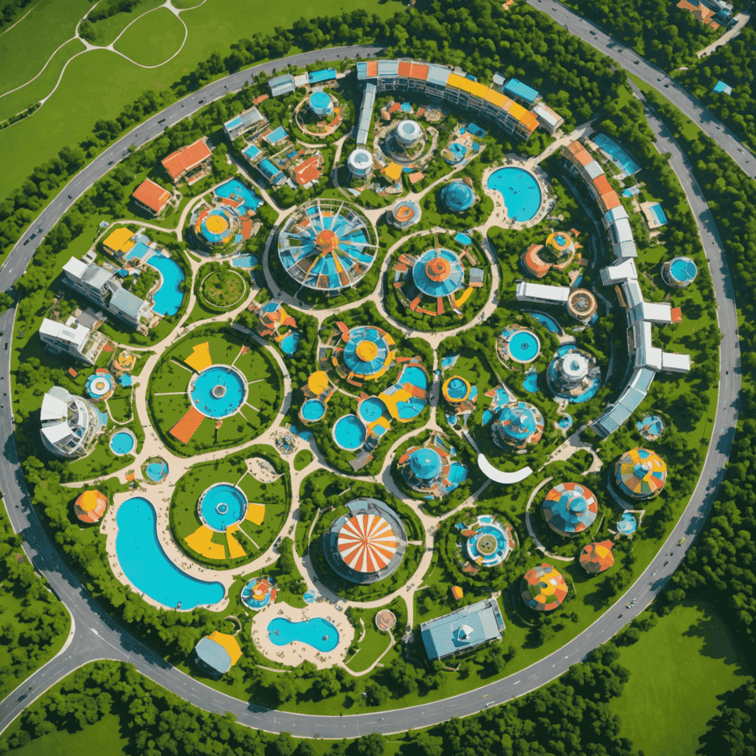 Aerial view of Gamuda Land's vibrant landscape, showcasing colorful theme parks, lush green spaces, and modern residential areas