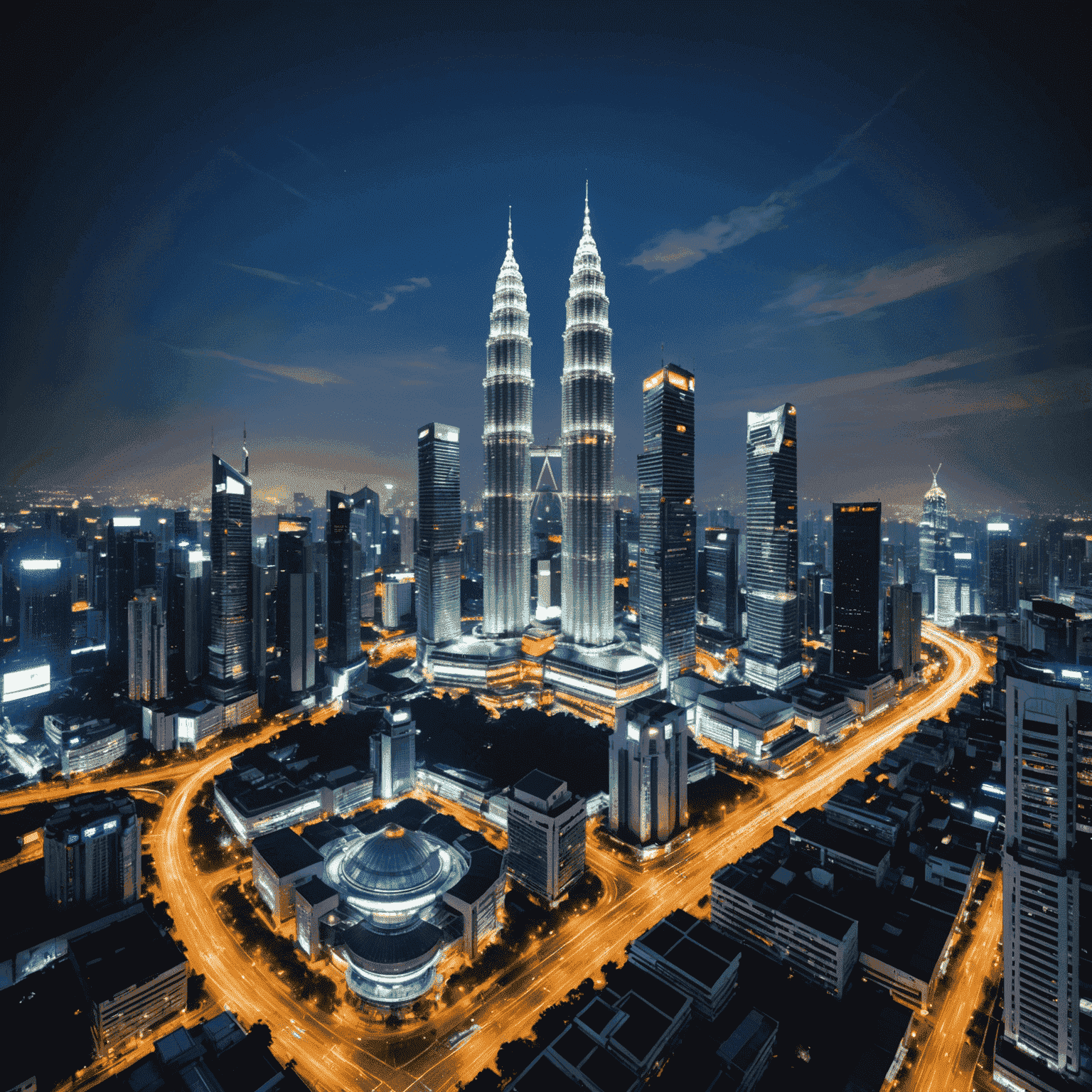 Kuala Lumpur skyline with Petronas Towers, vibrant city lights, and bustling streets