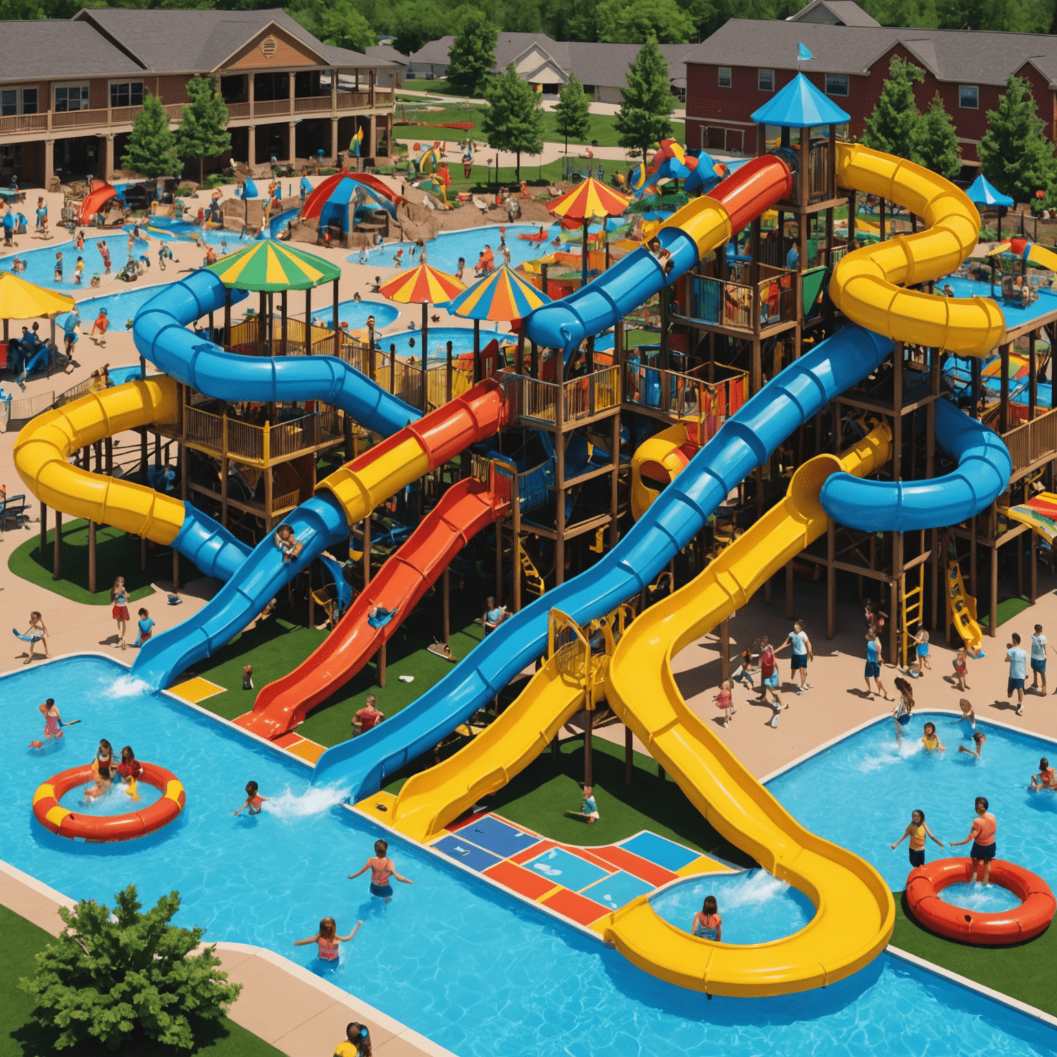 A vibrant and colorful family entertainment center with water slides, arcade games, and a large playground visible. Families are seen laughing and enjoying various activities together.