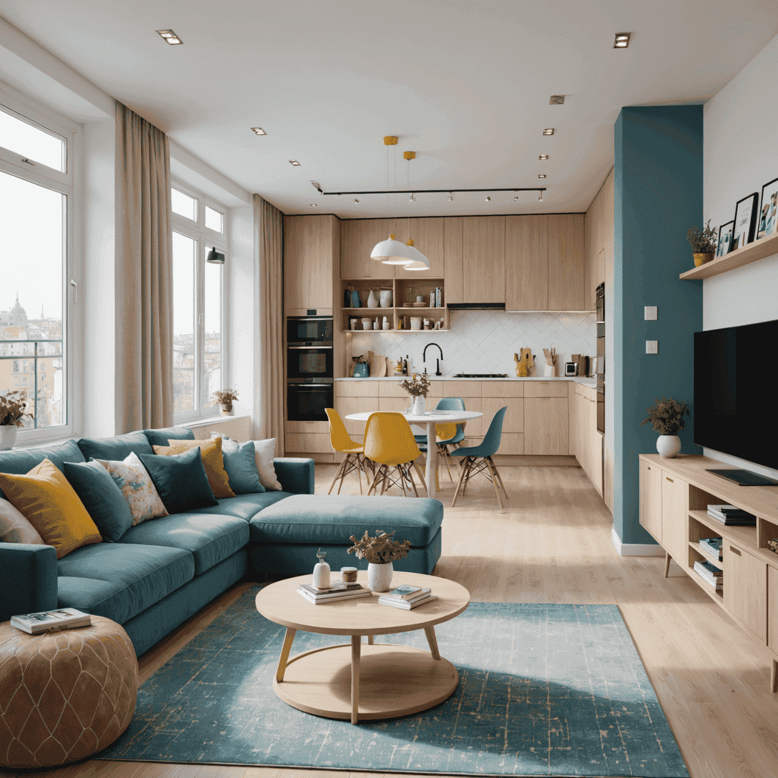 A spacious and bright family apartment with colorful decor, featuring a living room with comfortable seating and playful elements for children