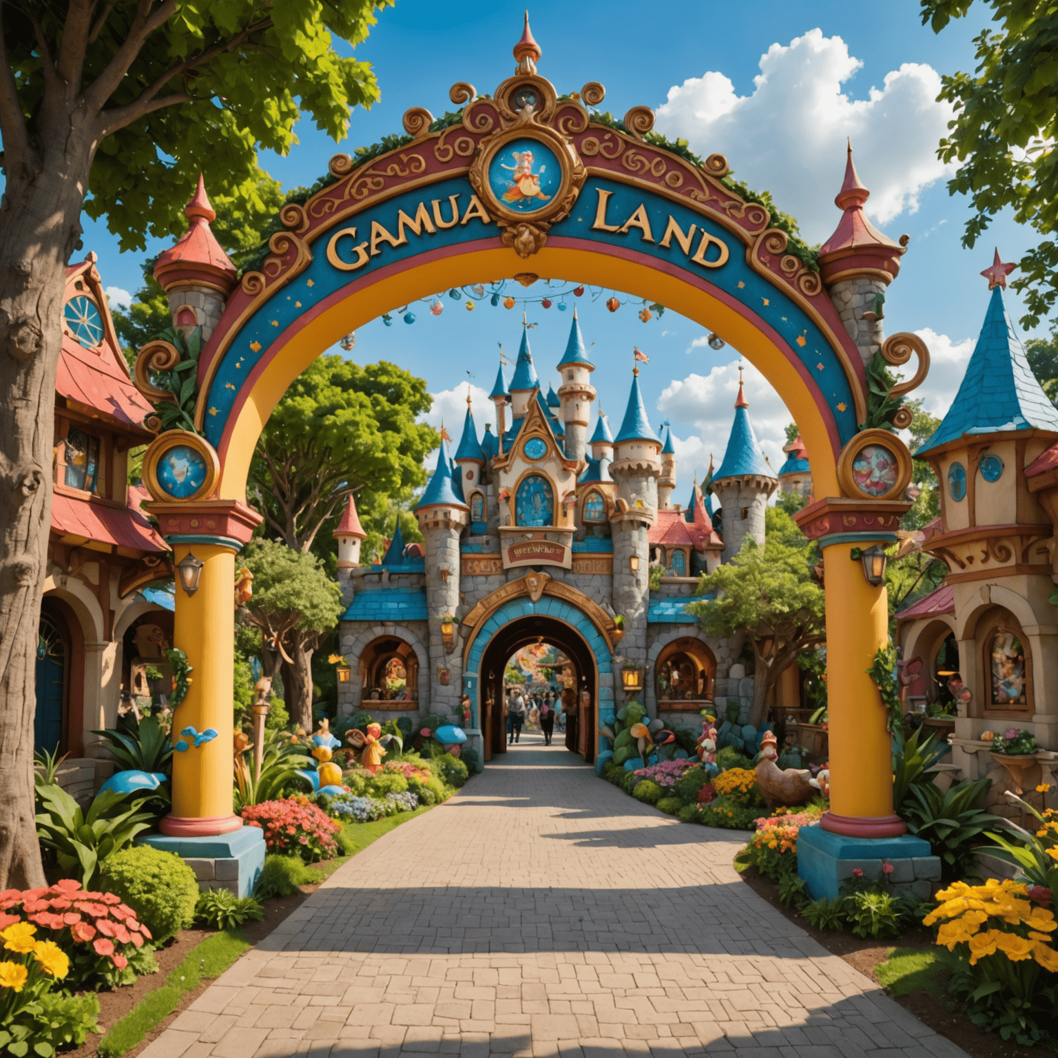 A whimsical entrance to Gamuda Land's themed attractions, featuring a large colorful archway with fairy tale characters and twinkling lights