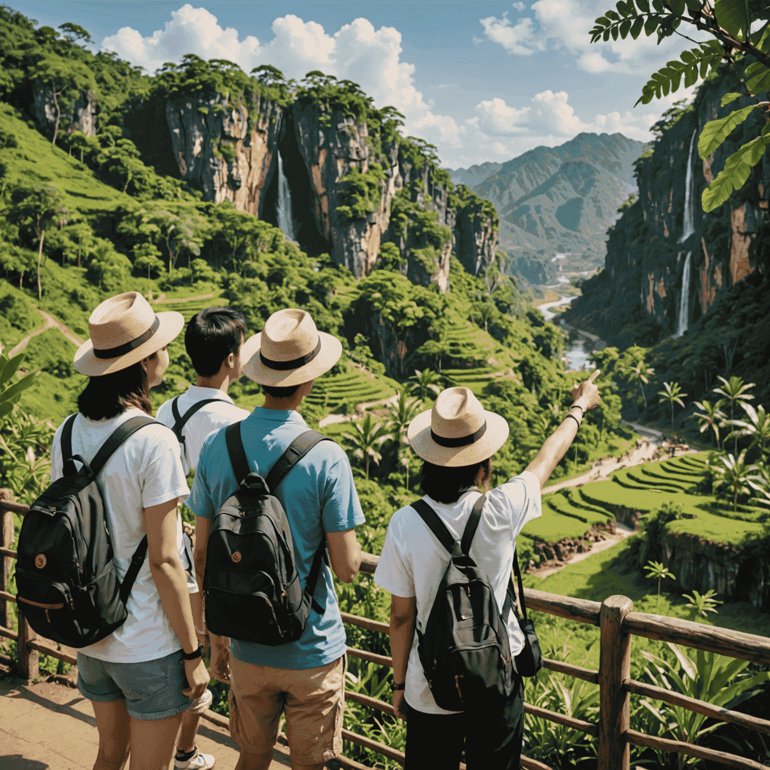 A group of excited tourists exploring Gamuda Land, with a friendly tour guide pointing out interesting features of the landscape