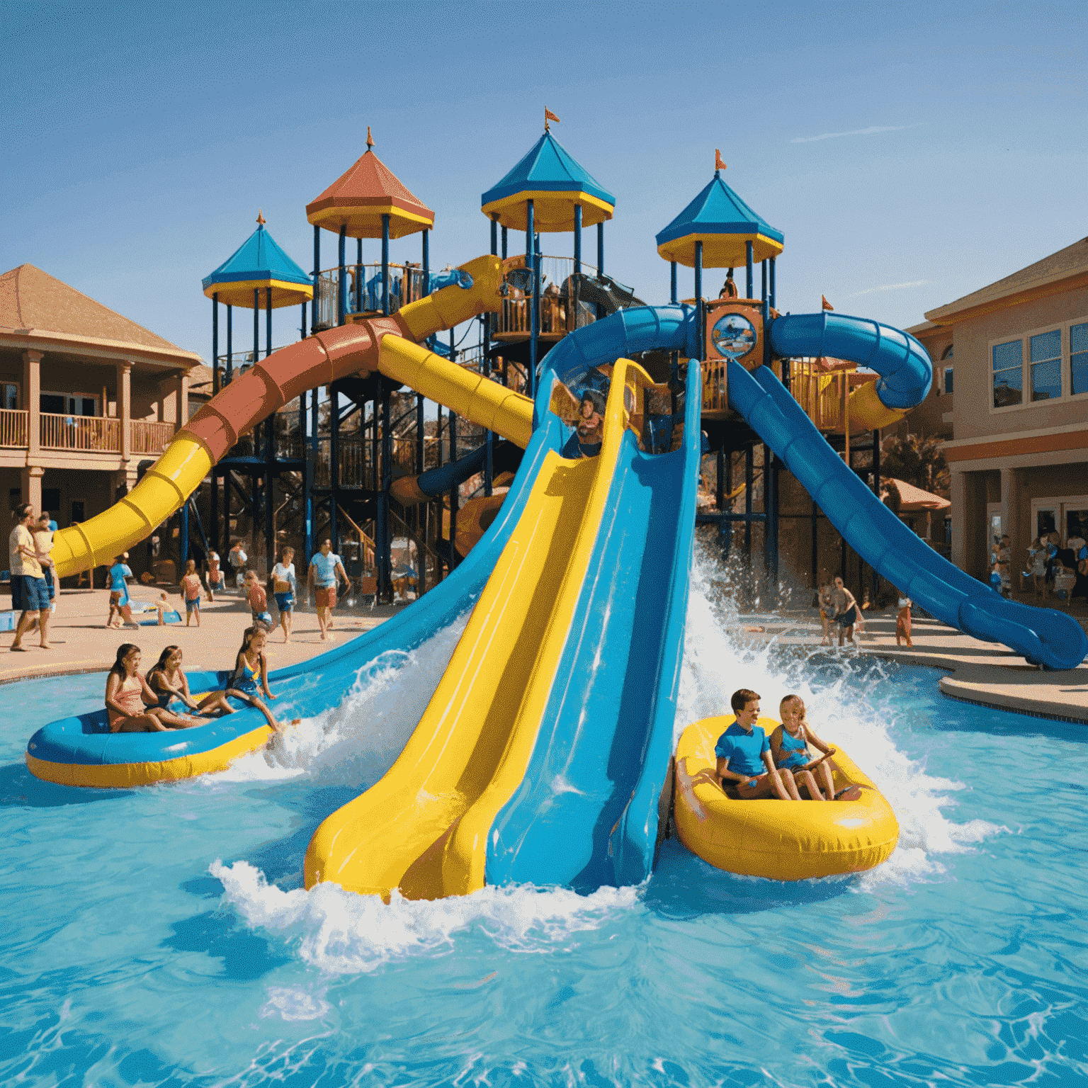 Families enjoying the various water attractions at Splash Mania, with children laughing on colorful slides and parents relaxing in themed pool areas