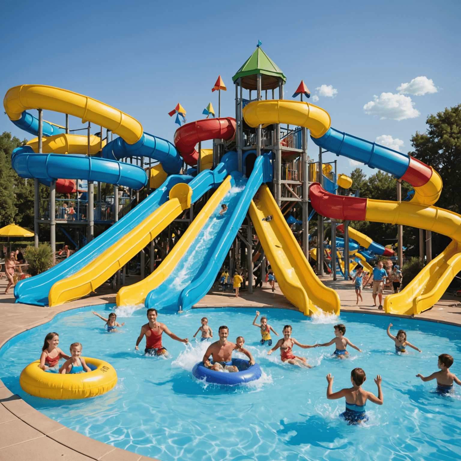 Children and adults enjoying water slides and pools at Splash Mania, with colorful water features and smiling faces