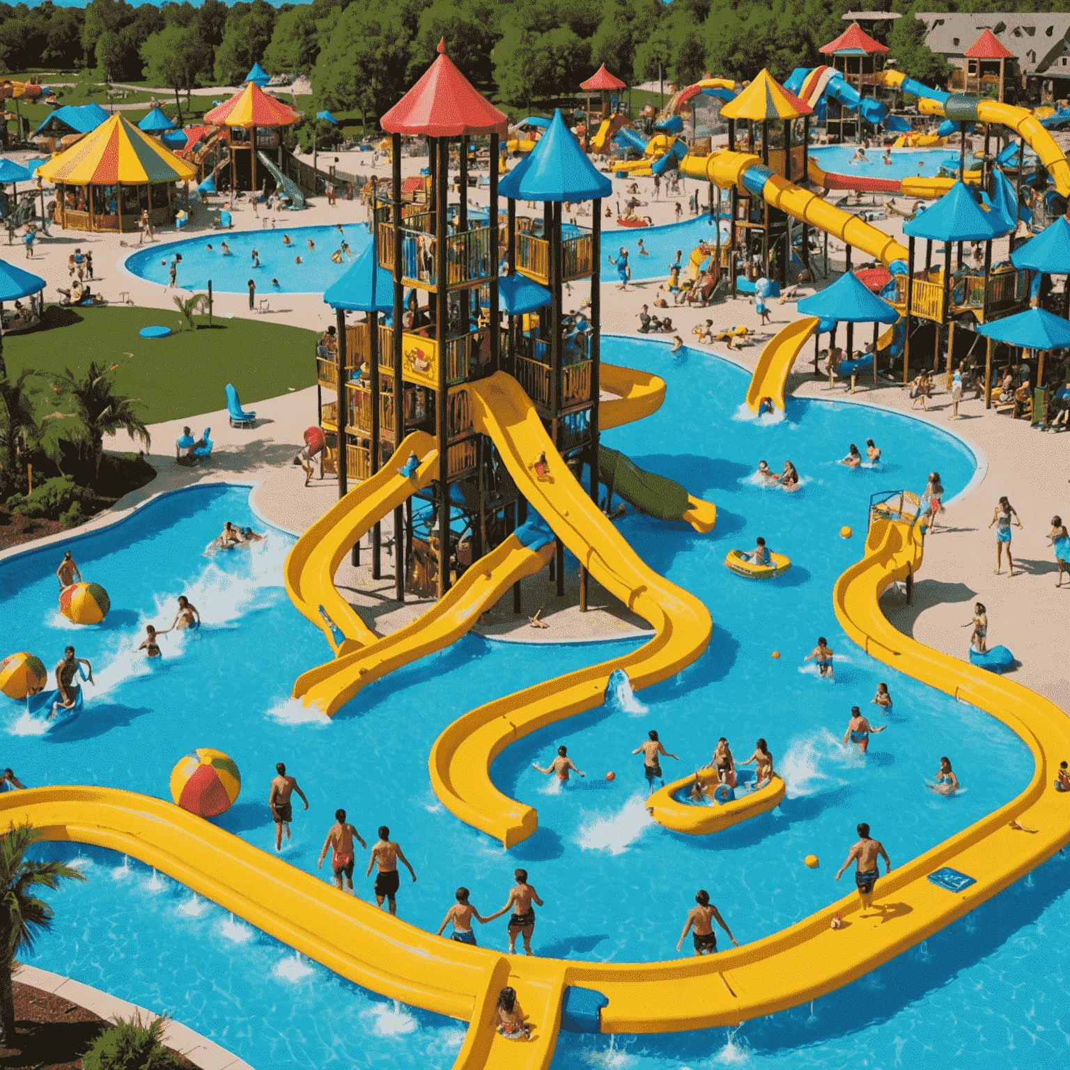 Colorful image of Splash Mania water park with families enjoying various attractions