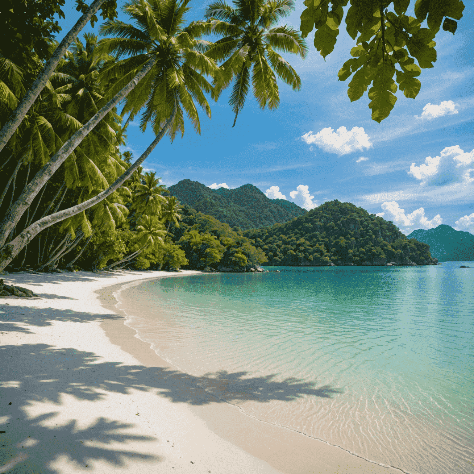 Pristine beach in Langkawi with crystal clear water, white sand, and lush tropical vegetation