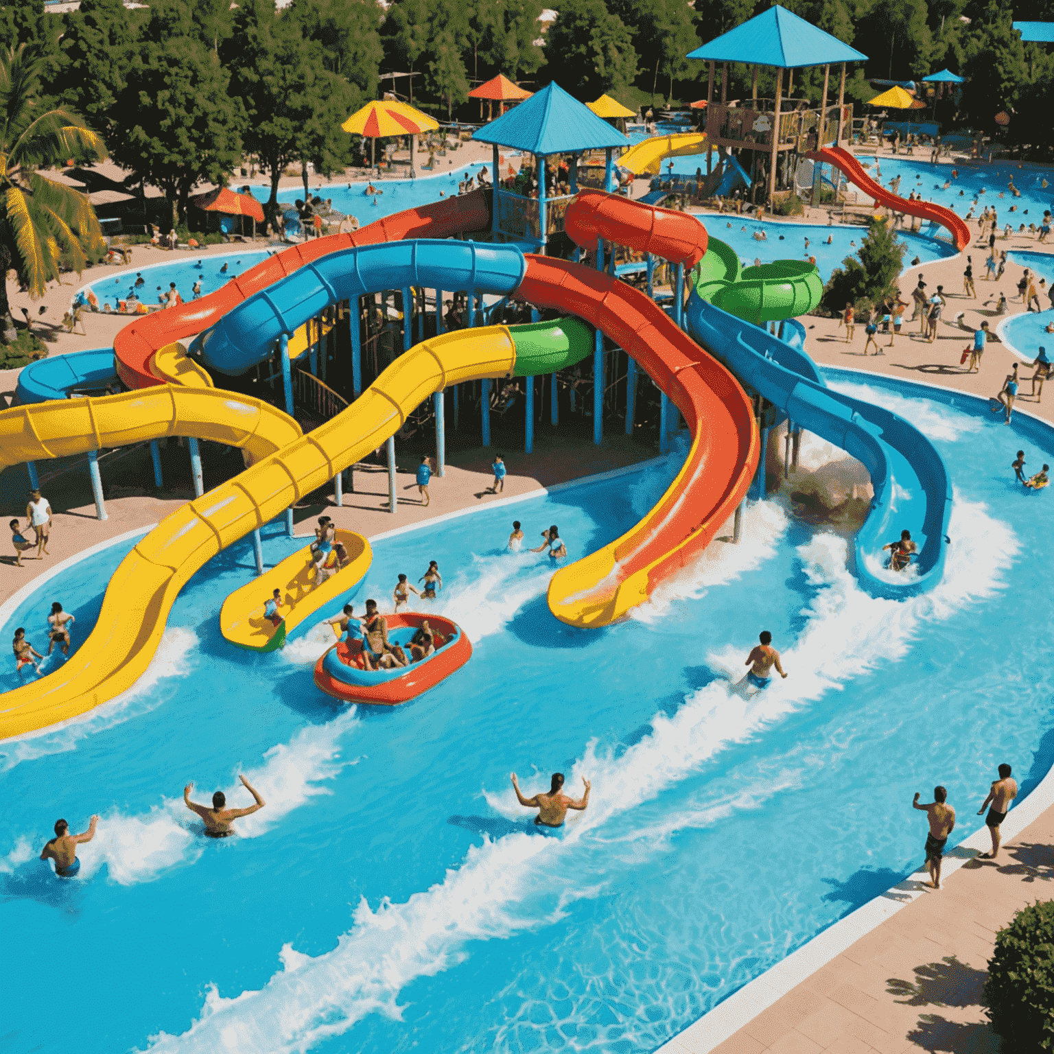 Exciting water park with multiple colorful slides and a large wave pool. Children and adults are seen sliding and splashing in the water.