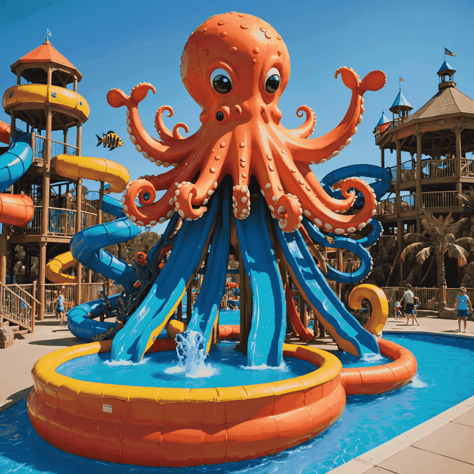 A vibrant underwater-themed area with colorful fish sculptures, coral reefs, and a giant friendly octopus slide at Splash Mania