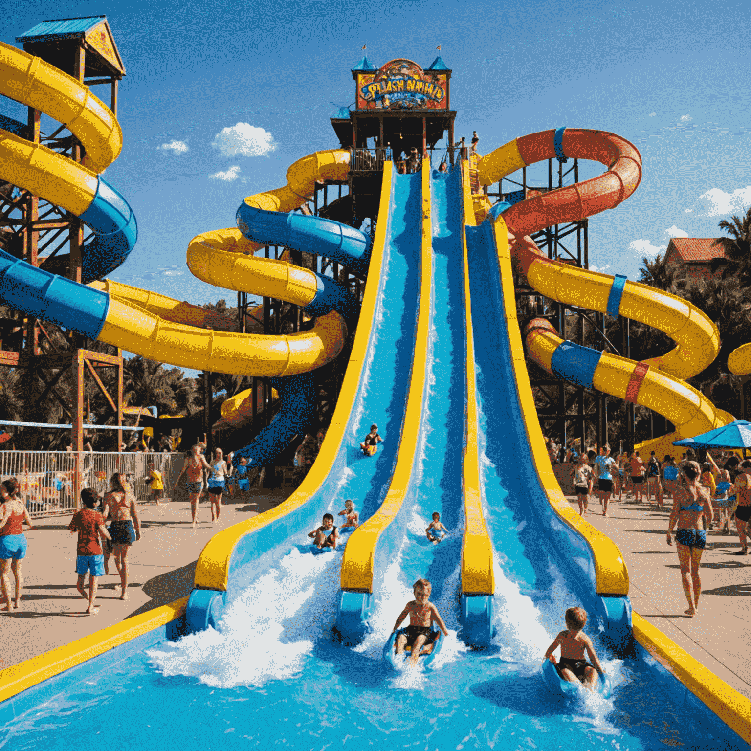 Families enjoying the thrilling water slides and attractions at Splash Mania