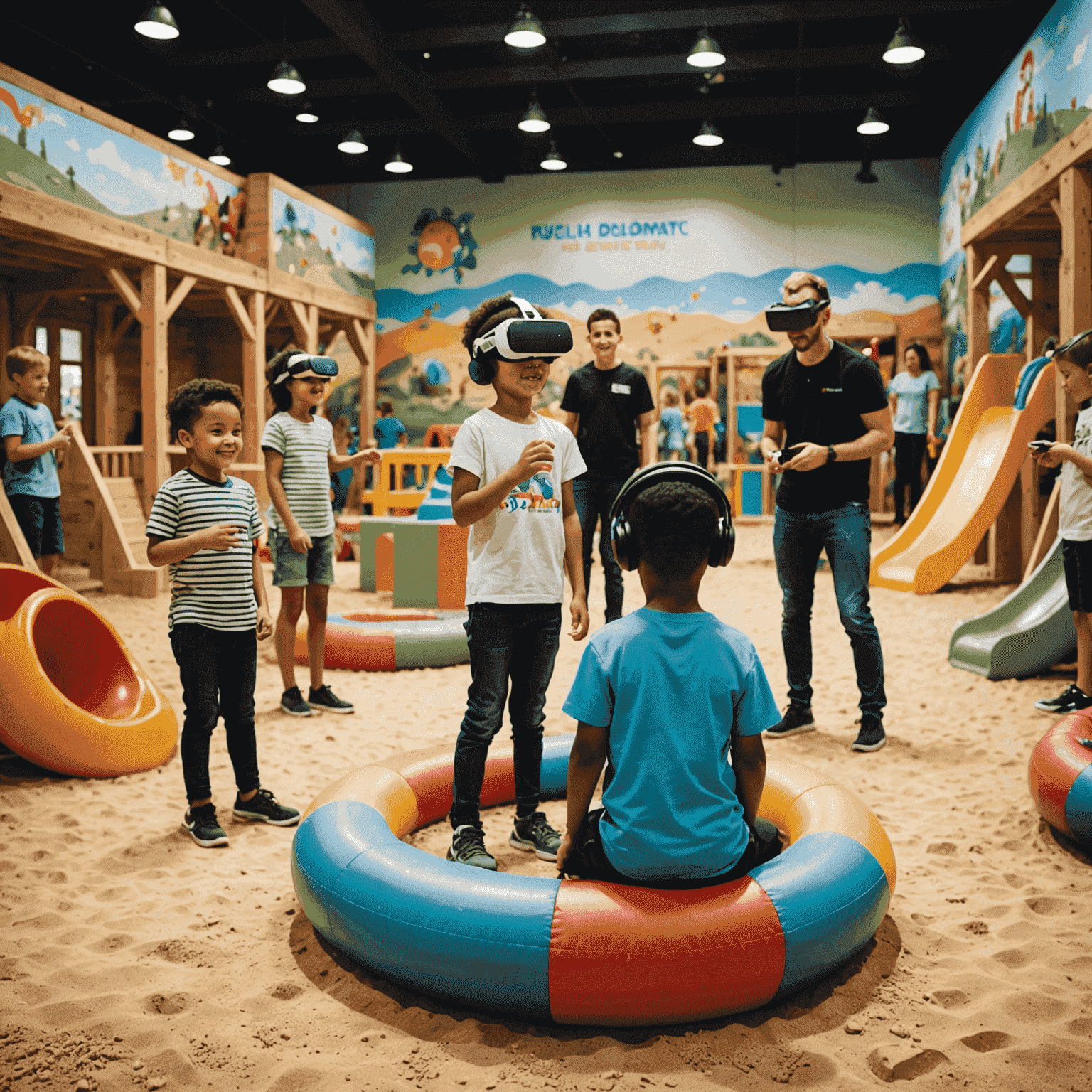 A diverse group of visitors enjoying the dry play areas, with children engaged in interactive games and adults participating in virtual reality experiences