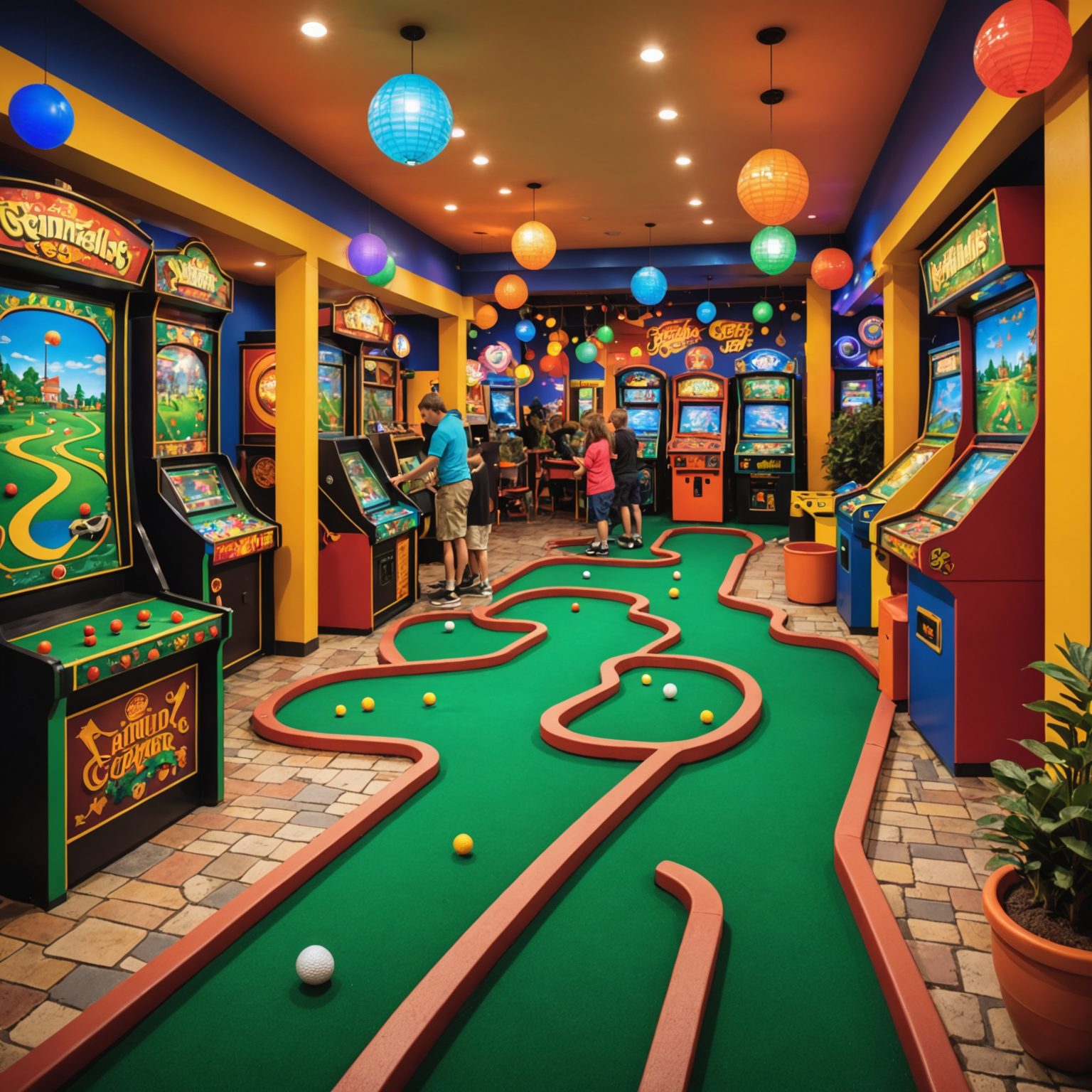 Families playing mini-golf and arcade games in a colorful, whimsically designed indoor space with bright lights and playful decorations