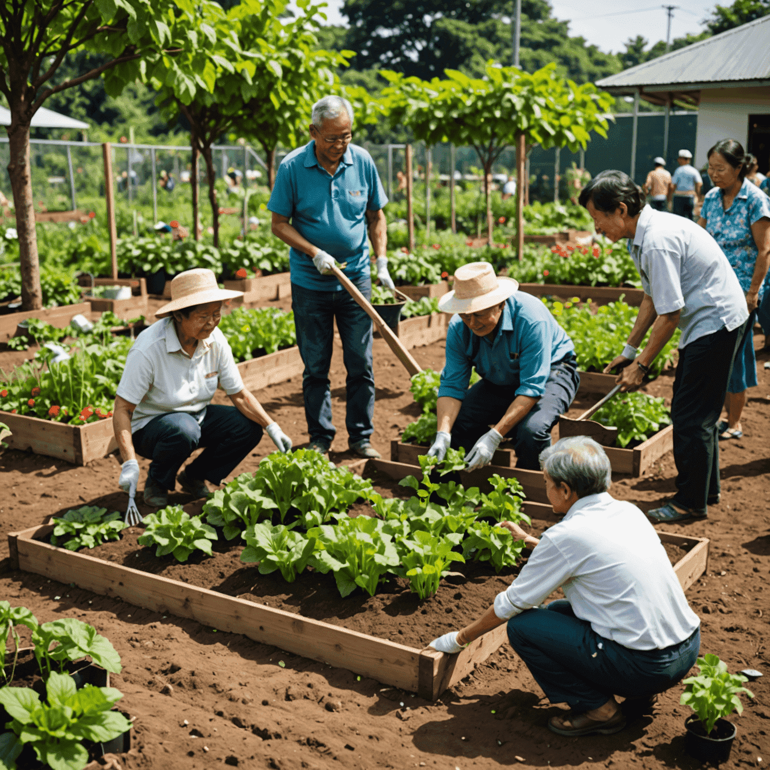 Community garden in Gamuda Land with residents of all ages planting vegetables and flowers together