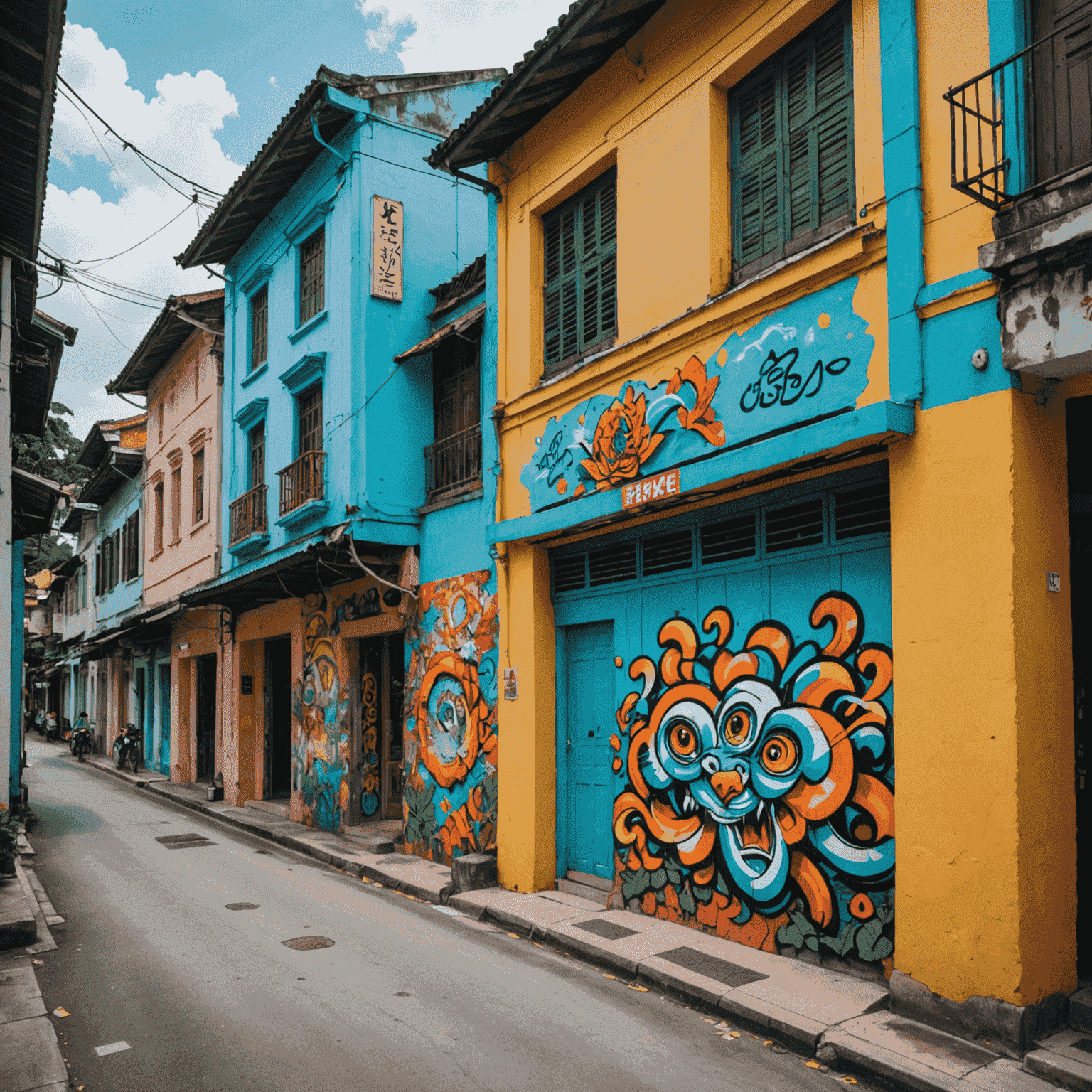 Colorful street art in Georgetown, Penang, featuring interactive murals and traditional architecture