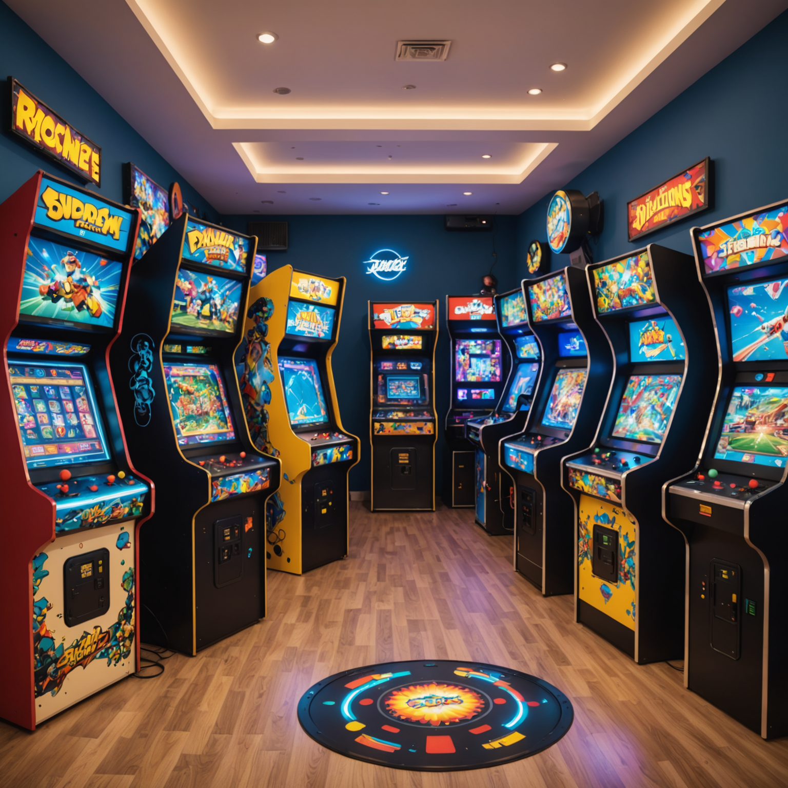 A modern arcade with various gaming machines, virtual reality stations, and families playing together.