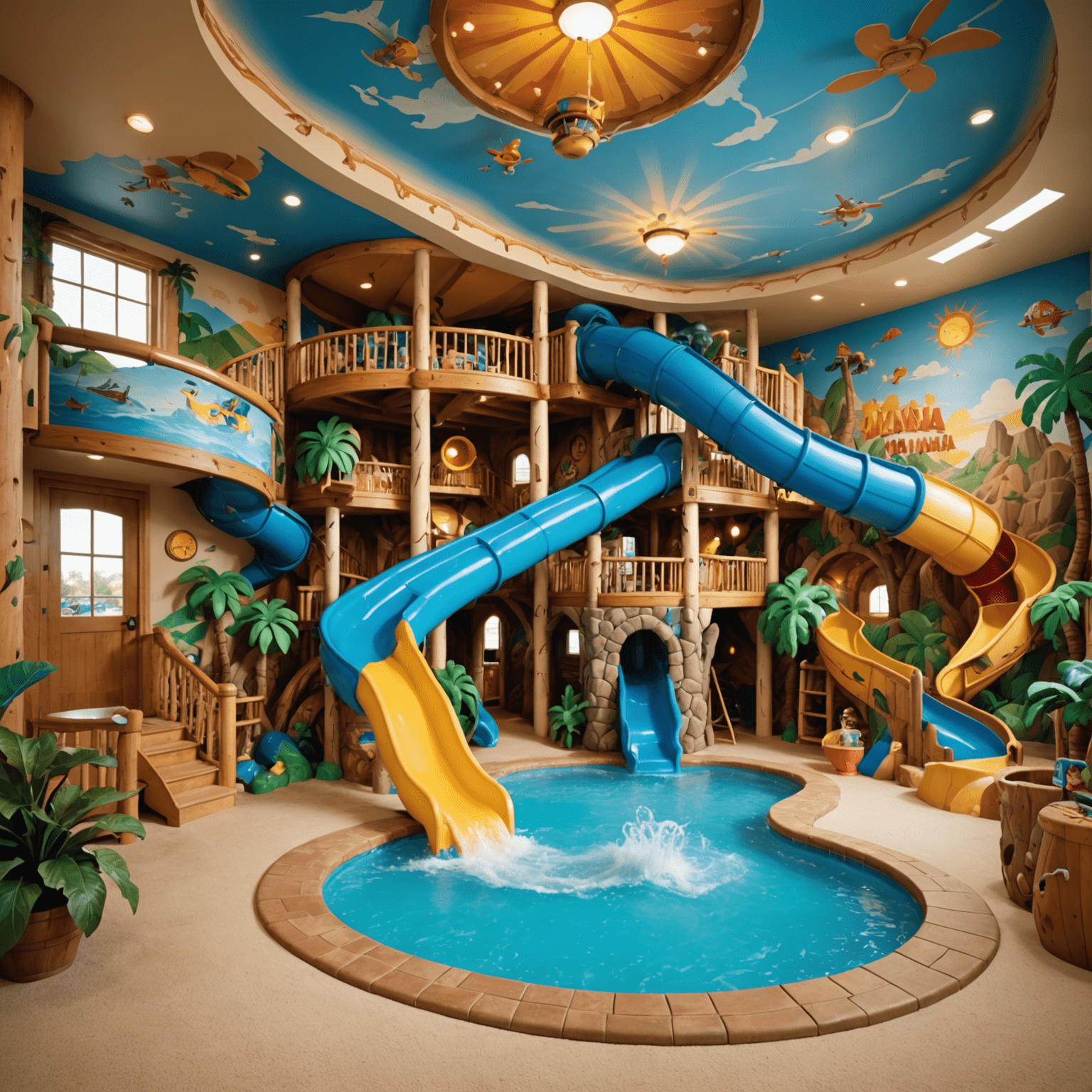 A whimsically decorated theme room with water park motifs, featuring bunk beds shaped like water slides and wall murals of Splash Mania attractions