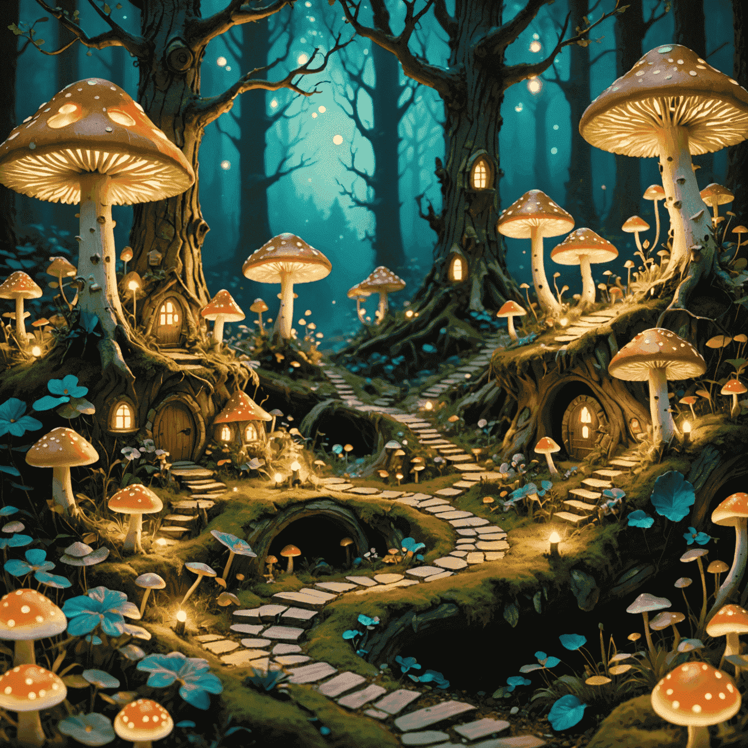 An enchanted forest setting with talking trees, fairy houses, and a winding path illuminated by glowing mushrooms