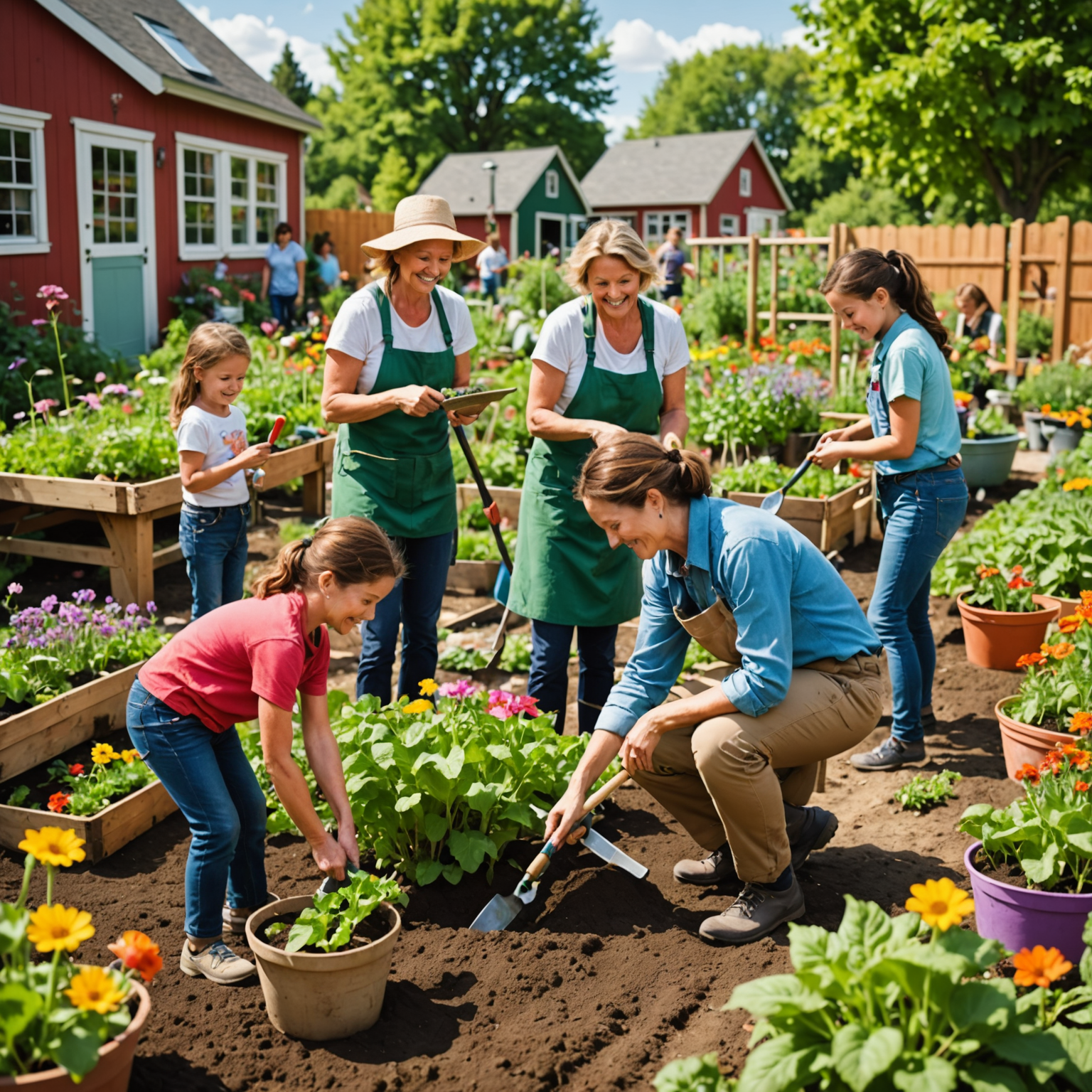 Families working together in a colorful community garden, planting vegetables and flowers with gardening tools and smiling faces