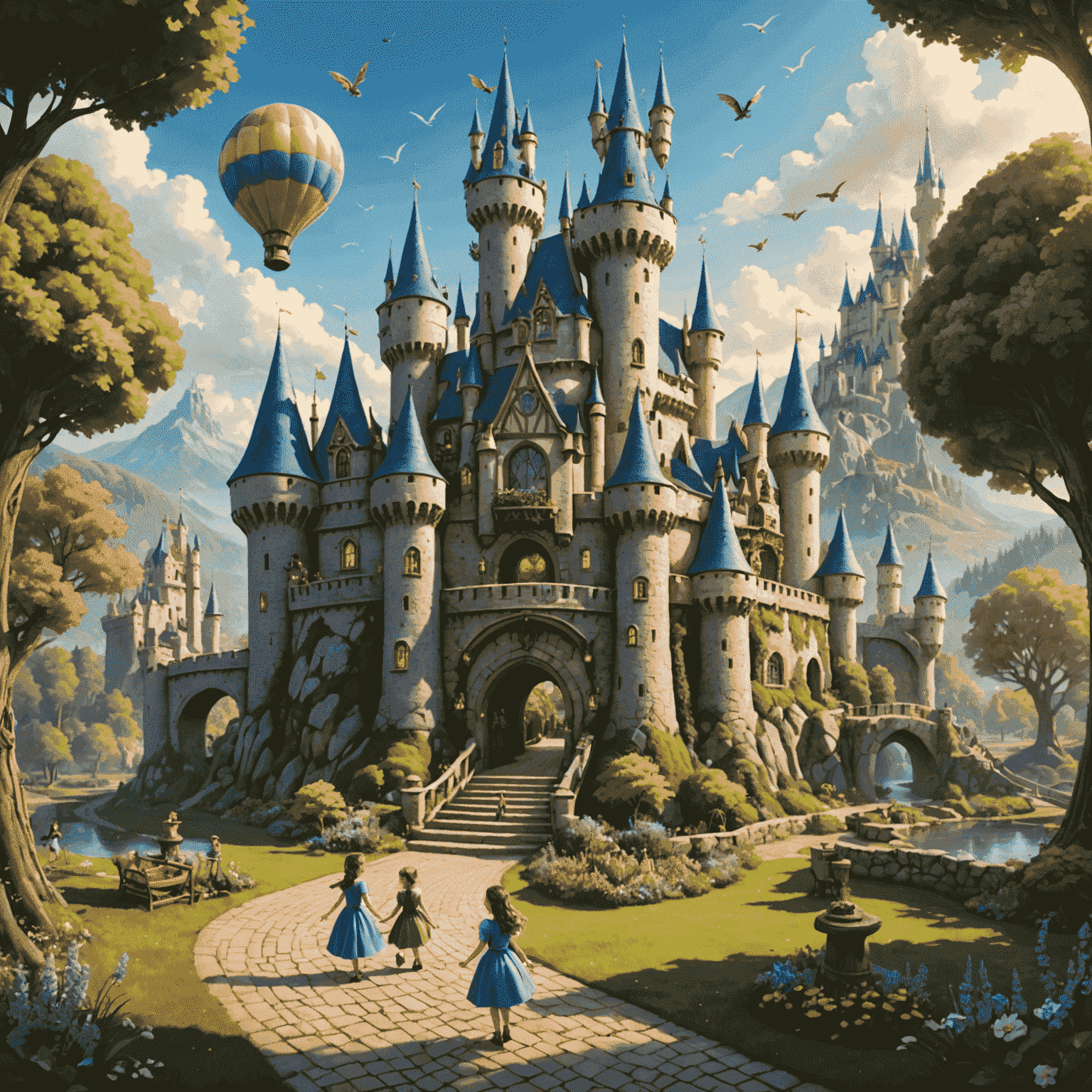 Whimsical illustration of a fairy tale themed attraction with castles, magical creatures, and excited families