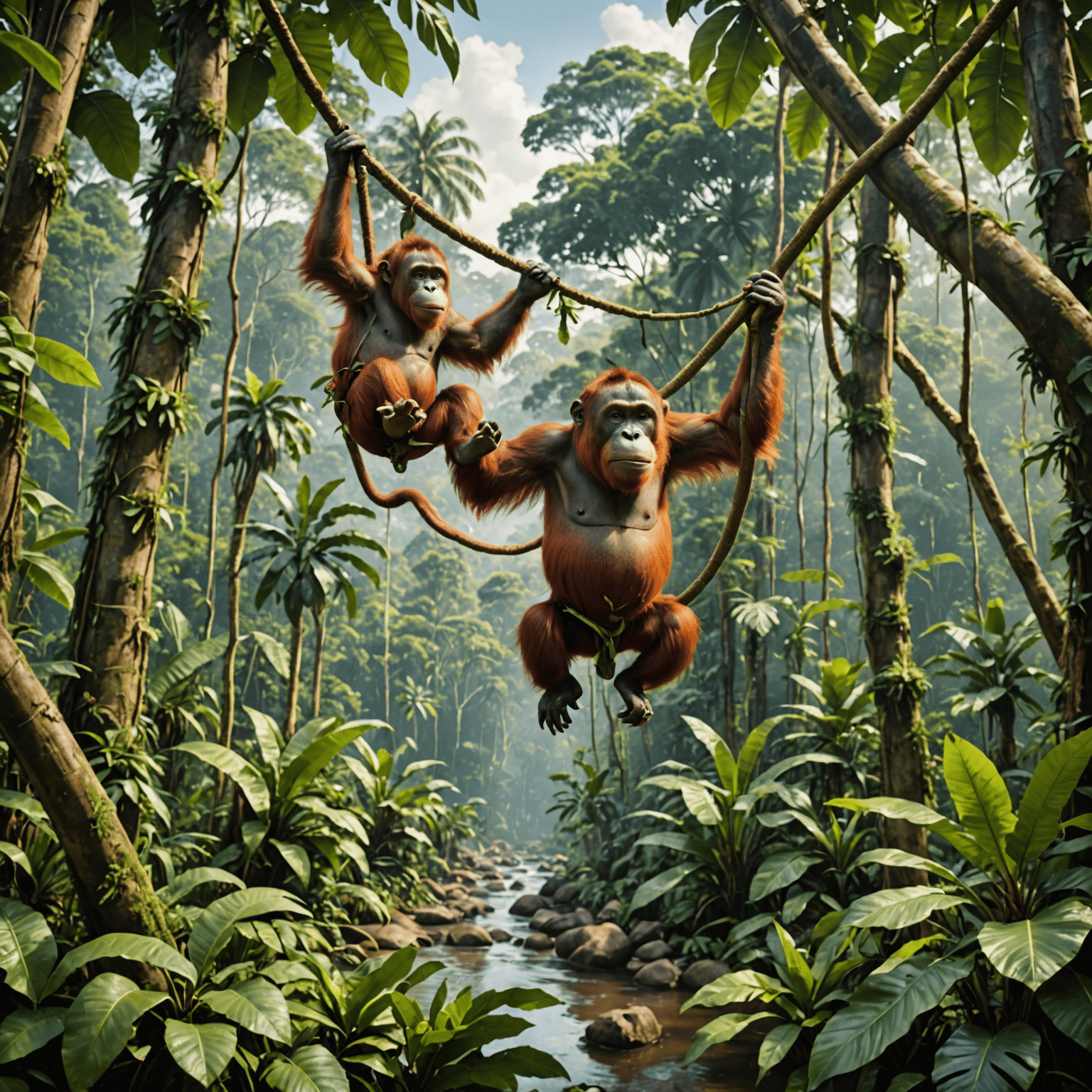 Lush Borneo rainforest with diverse wildlife, including orangutans swinging through the trees