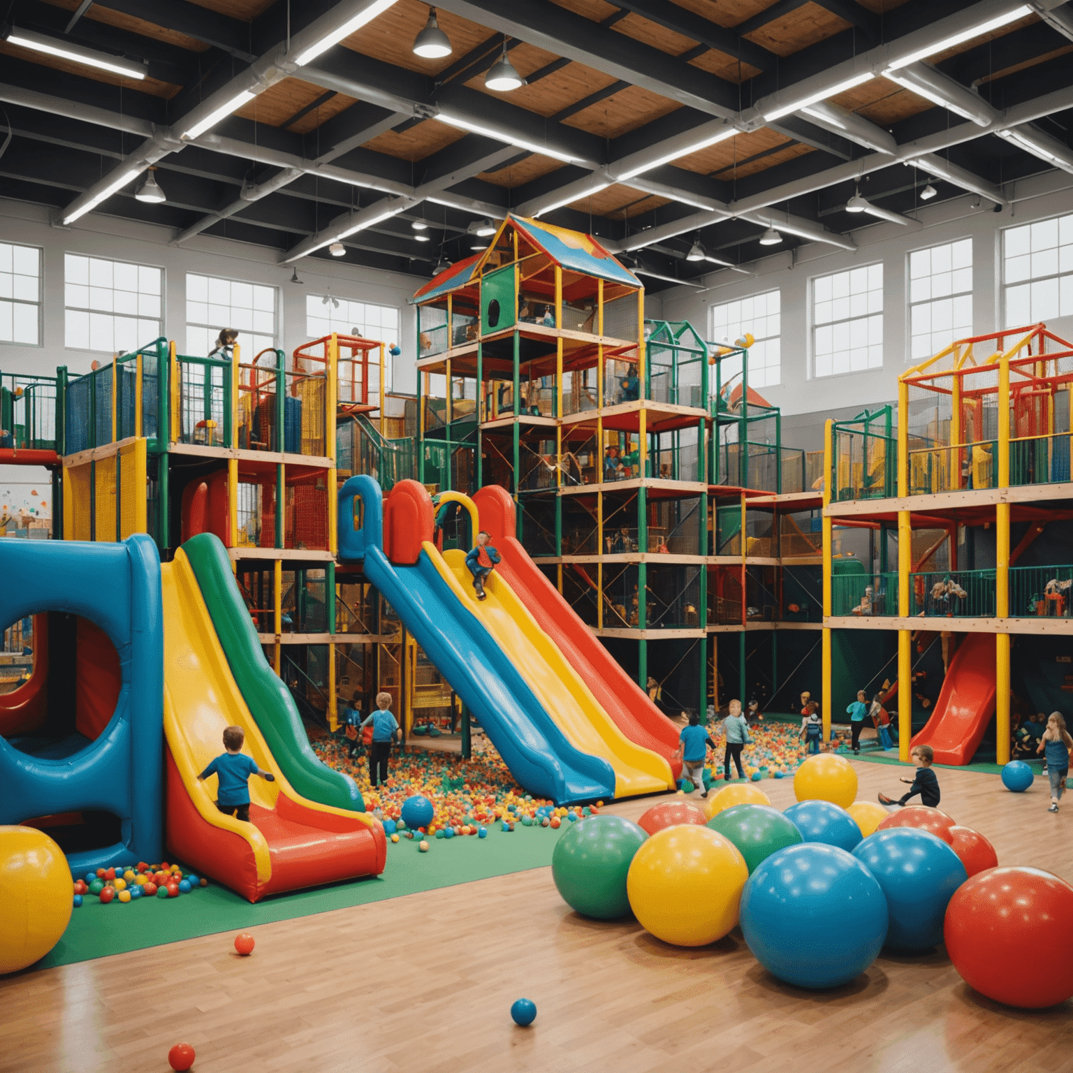 A large indoor playground with climbing structures, ball pits, and soft play areas. Children are seen playing and parents watching from nearby seating areas.