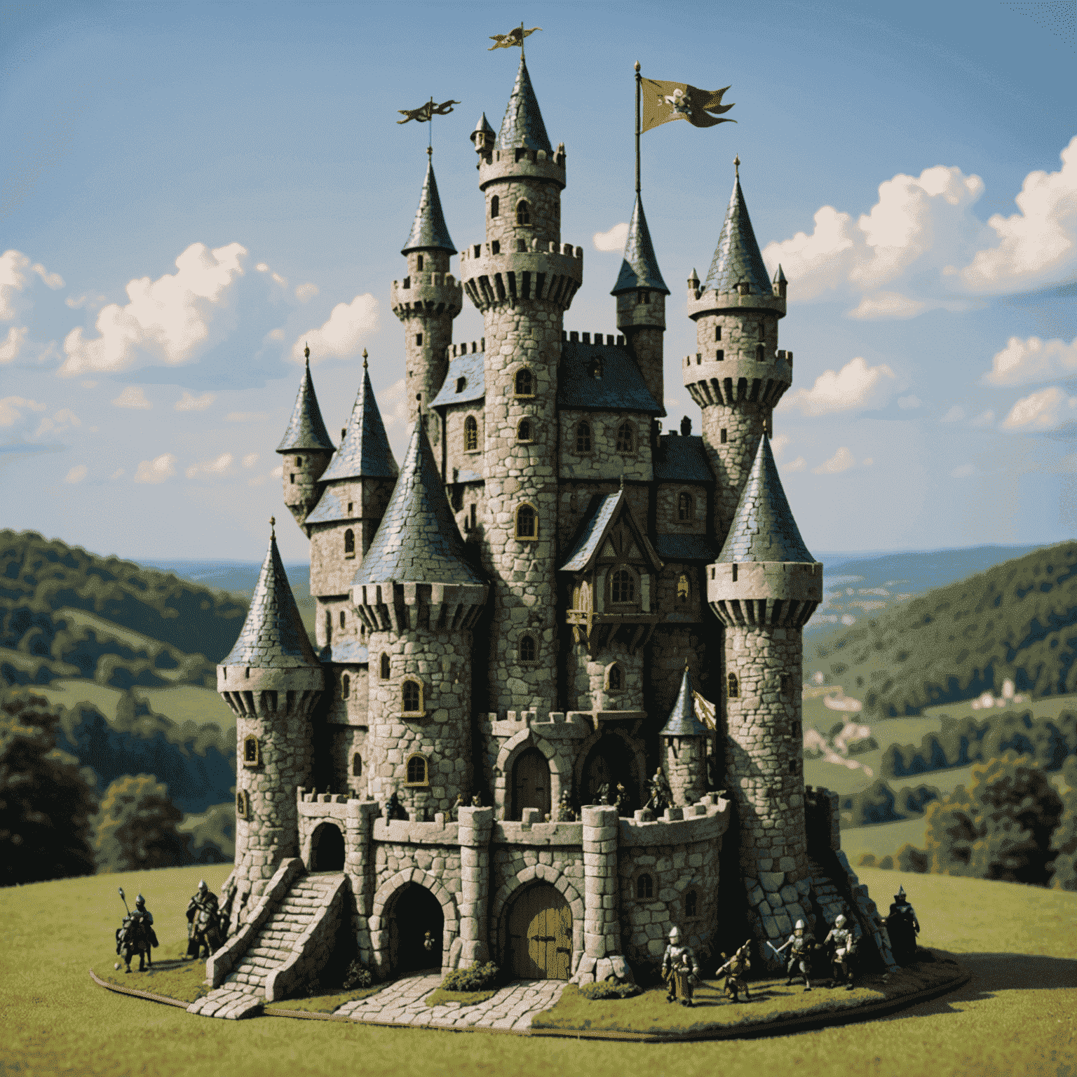 A miniature medieval castle with knights, princesses, and a dragon perched on the highest tower