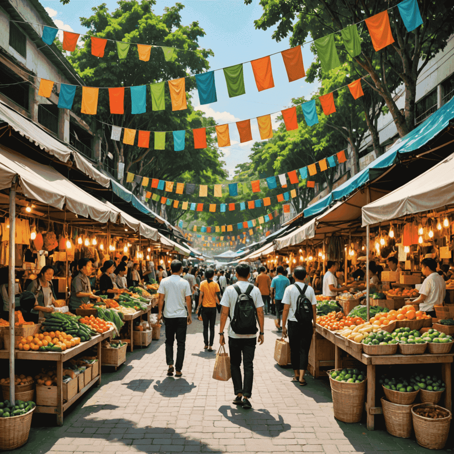 A vibrant street market in Gamuda Land with local artisans and food vendors