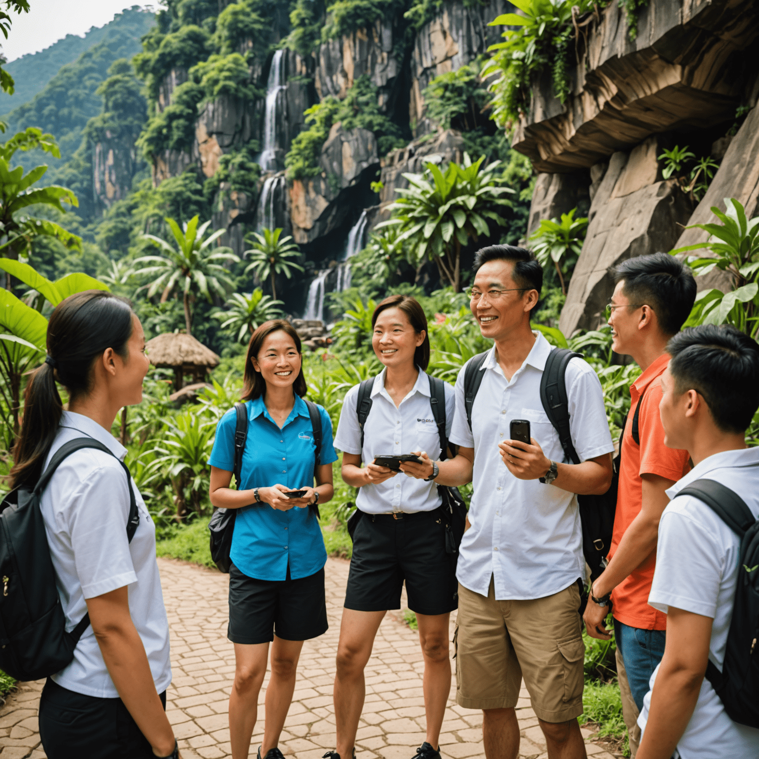 Friendly tour guide showing a diverse group of tourists the hidden gems of Gamuda Land