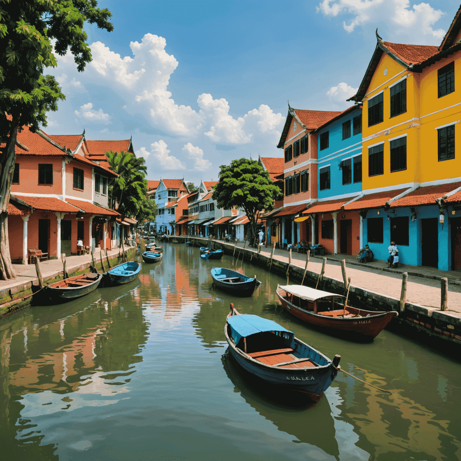 Picturesque Malacca River with colorful traditional houses and boats