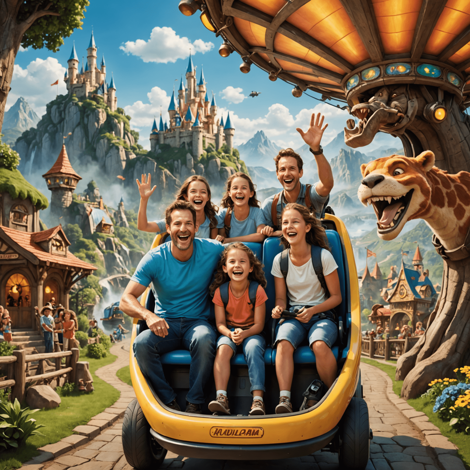 A family laughing and enjoying a themed attraction ride, surrounded by fantastical scenery and characters